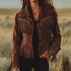 Women's Solid Color Fringe Suede-Look Jacket, Western Style Long Sleeve Button Front Coat For Fall & Winter