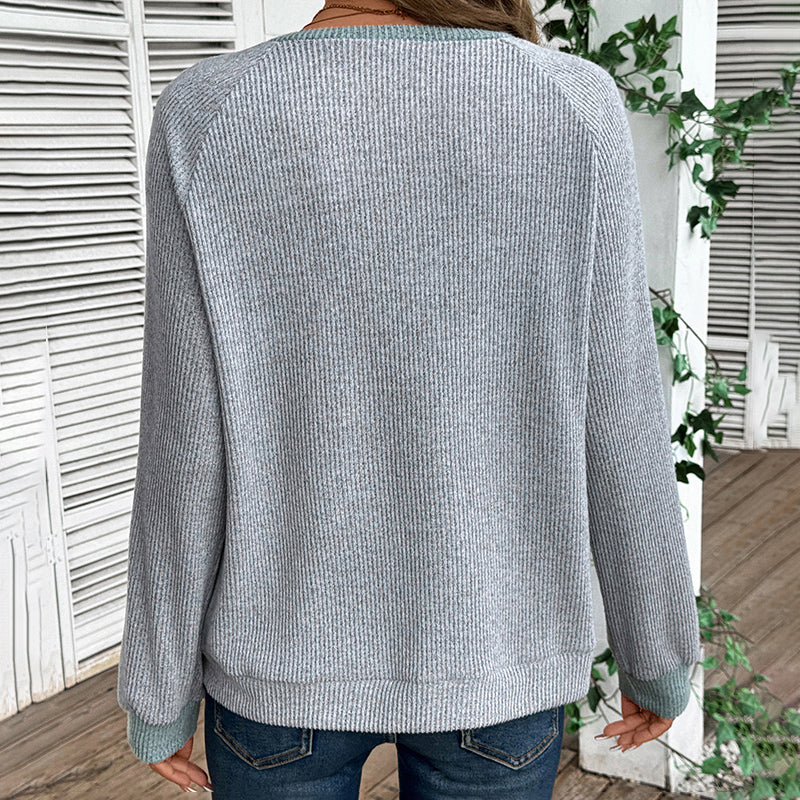 Women's Color Block Pullover - Spring Fall V-Neck Long Sleeve Casual Loose Top