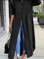 Women's Solid Button Design Longline Shirt, Casual Long Sleeve Outerwear For Daily Wear, Ladies Clothes For All Seasons, Top