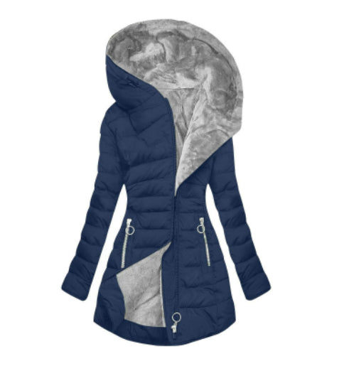 Women's Plush Hooded Mid-length Oblique Zipper Cotton-padded Coat