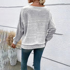 Women's Textured Round Neck Long Sleeve Top - Casual Solid Pullover For Spring & Fall