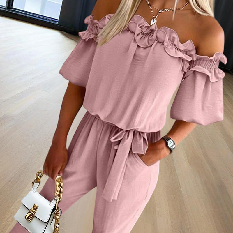 Women's Solid Color Elegant Off-Shoulder Jumpsuit With Ruffle Sleeves & Tie-Waist Summer Casual Romper