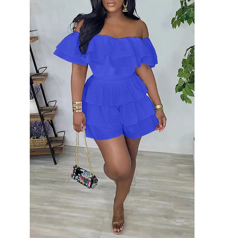 Womens Sexy Off Shoulder Rompers Summer Ruffle Short Sleeve Tiered Short Jumpsuits