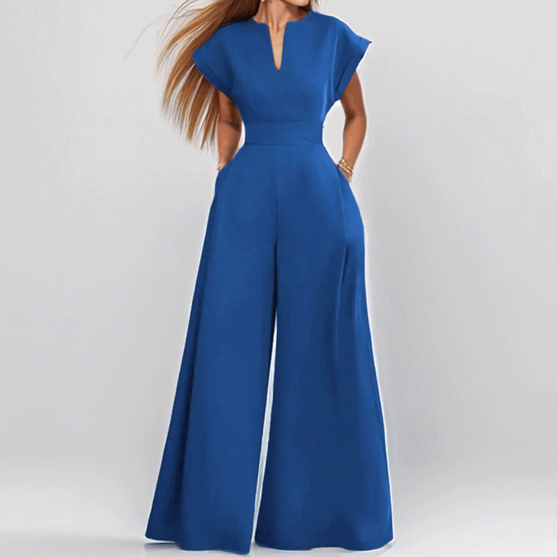 Women's V-Neck Solid Color Short Sleeve Jumpsuit Wide Leg A-Line Waist Tied Casual Summer Outfit