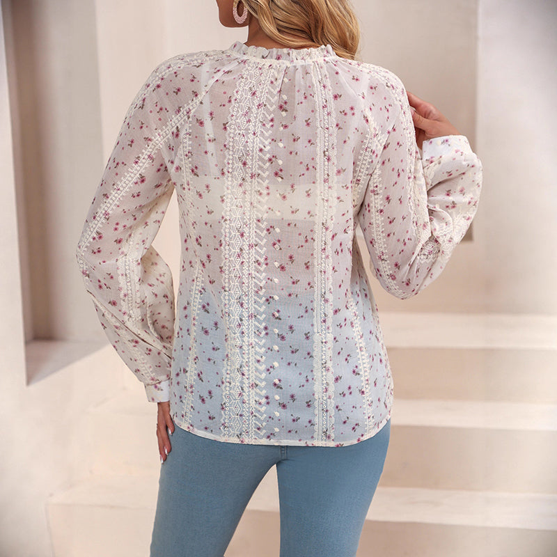 Boho Chic Women's Blouse, Floral Print V Neck Lantern Sleeve Sheer Top For Elegant Casual Wear