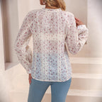 Boho Chic Women's Blouse, Floral Print V Neck Lantern Sleeve Sheer Top For Elegant Casual Wear