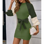 Women's Color Block Sweater Midi Dress - Fall Long Sleeve Bodycon Dress With Tie Waist