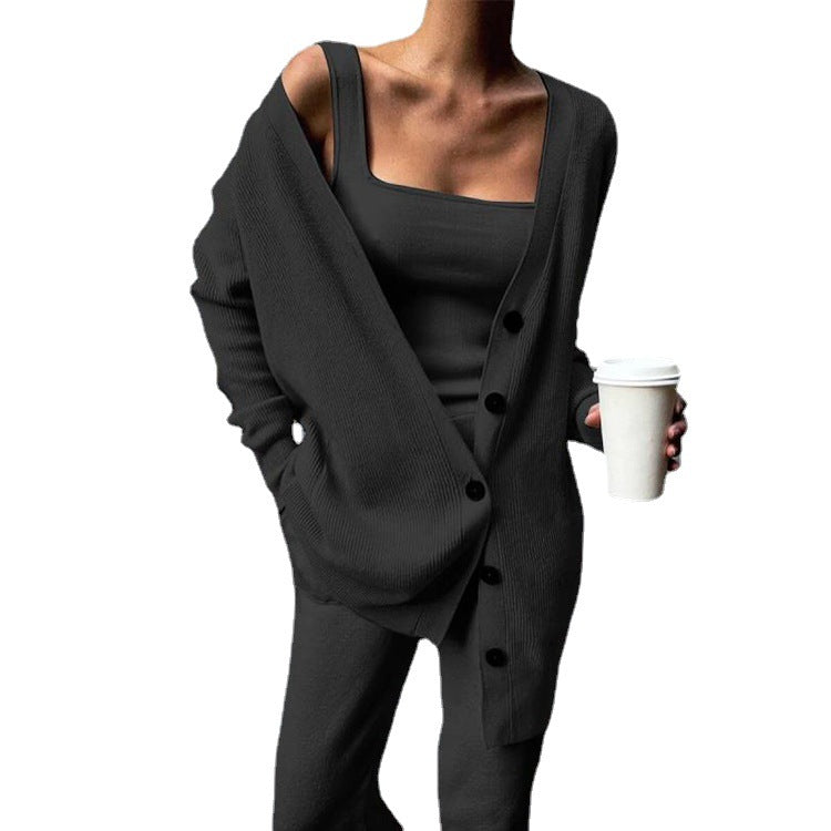 Knitted Three-Piece Women's New Coat Vest Pants Suit