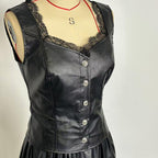 Women's Faux Leather Vest - Sexy Lace Trim V-Neck Sleeveless Top For Club & Y2K Party