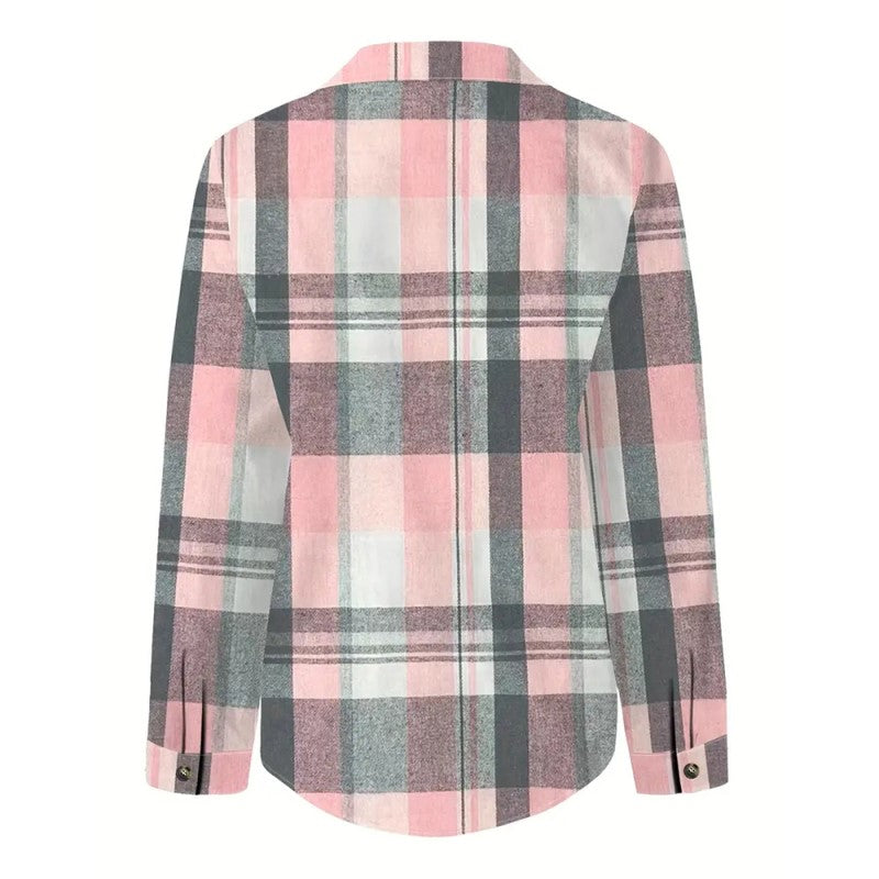 Women's Casual Plaid Long Sleeve Shirt - Button-Down Top With Chest Pocket, Classic Lapel Collar For Office & Weekend Wear