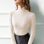 Women's Cross High Neck Top - Long Sleeve Slim Fit Dressy Casual Shirt For Spring & Fall