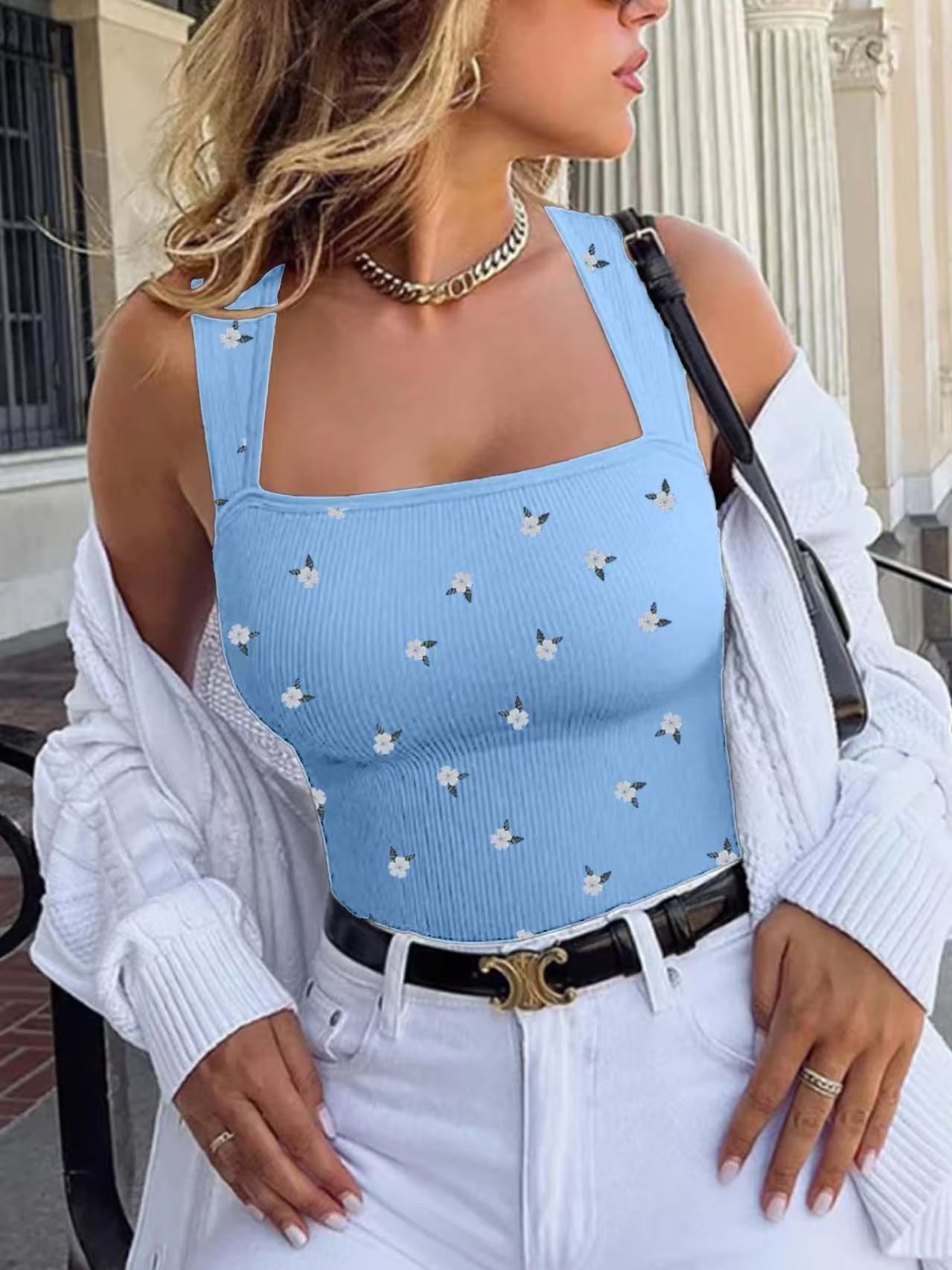NEW Women's Summer Outfit Baby Blue Cherry Print Jumpsuit For Women Vintage Chic, Lightweight Perfect For Commute, Comfortable Stylish, Flattering Silhouette