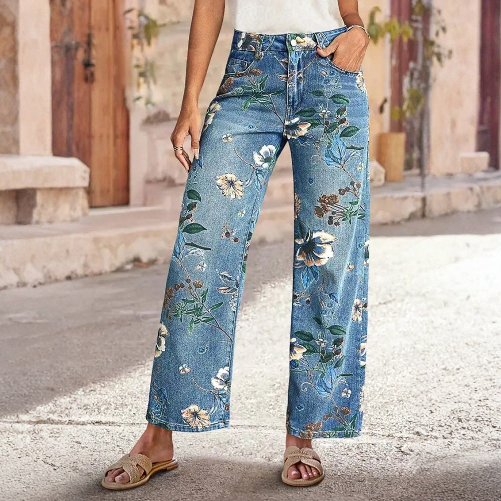 Women's Boho Floral Print Wide Leg Jeans, Mid-Rise Cropped Denim With All-Over Flower Pattern, Casual Summer Pants