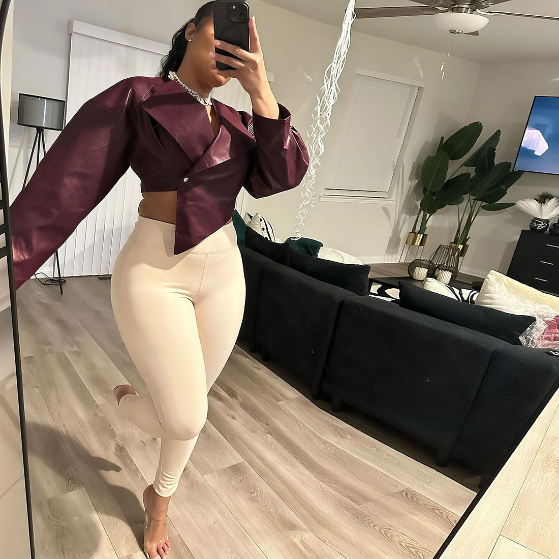 PU Leather Solid Color Casual Coat For Women