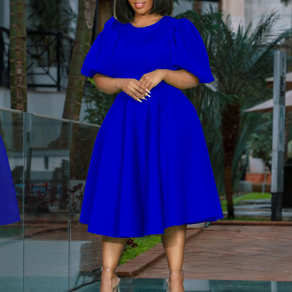 Women's Bubble Sleeves Wrapped Waist Large Swing Dress