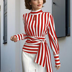 Elegant Women's Striped Tie-Waist Blouse, High Neck Long Sleeve Shirt With Cut-Out Detail