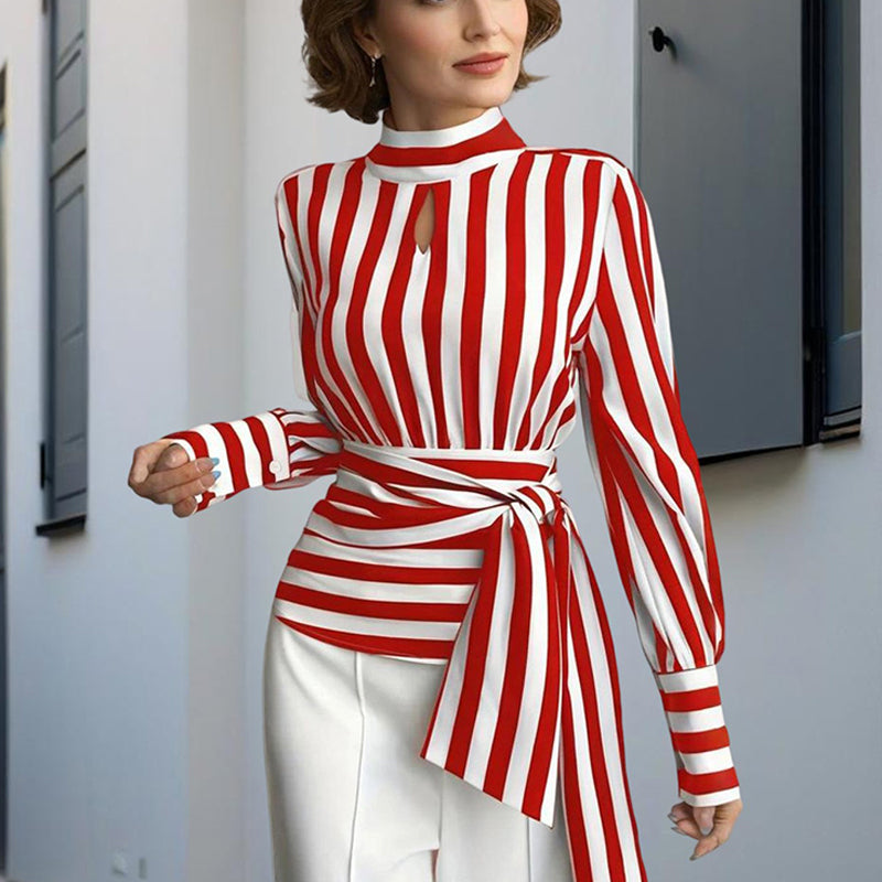 Elegant Women's Striped Tie-Waist Blouse, High Neck Long Sleeve Shirt With Cut-Out Detail