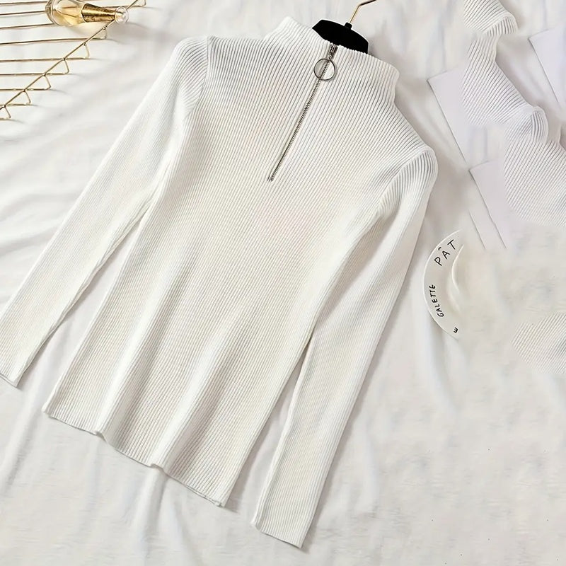 Women's Slim Fit Half-Zip Turtleneck Sweater, Long Sleeve Knit Top For Office And Casual Winter Wear