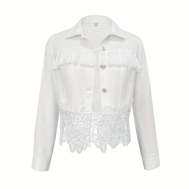 Women's Lace Hollow Out Jacket - Chic Long Sleeve Button Down Shirt With Tassel Details
