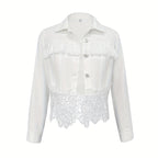 Women's Lace Hollow Out Jacket - Chic Long Sleeve Button Down Shirt With Tassel Details