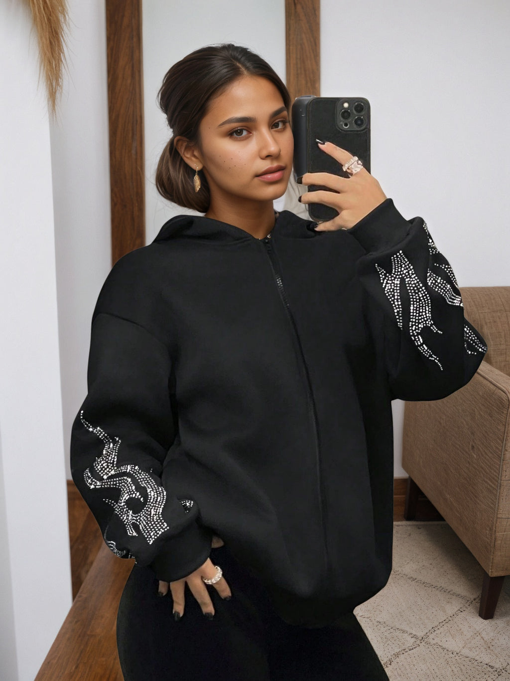 2025 New Women's Jacket With Zipper Closure, Hooded Neck, Flame Printed Sleeves, Essential Women's Coat For Autumn And Winter