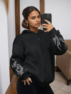 2025 New Women's Jacket With Zipper Closure, Hooded Neck, Flame Printed Sleeves, Essential Women's Coat For Autumn And Winter