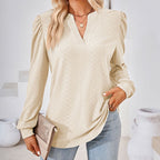 Women's Puff Sleeve V-Neck Blouse, Loose Long Sleeve Casual Work Top