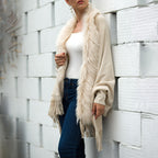 Women's Faux Fur Trim Cardigan Coat - Fringe Hem Layer Poncho For Fall & Winter
