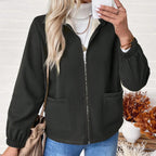 Women's Solid Color Fleece Jacket, Lapel Collar Cuff Sleeve Zip-Up Coat With Pockets For Casual Winter Wear