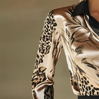 Elegant Women's Printed Satin Shirt - Lapel Collar Long Sleeve Button Down Blouse With Flowy Design