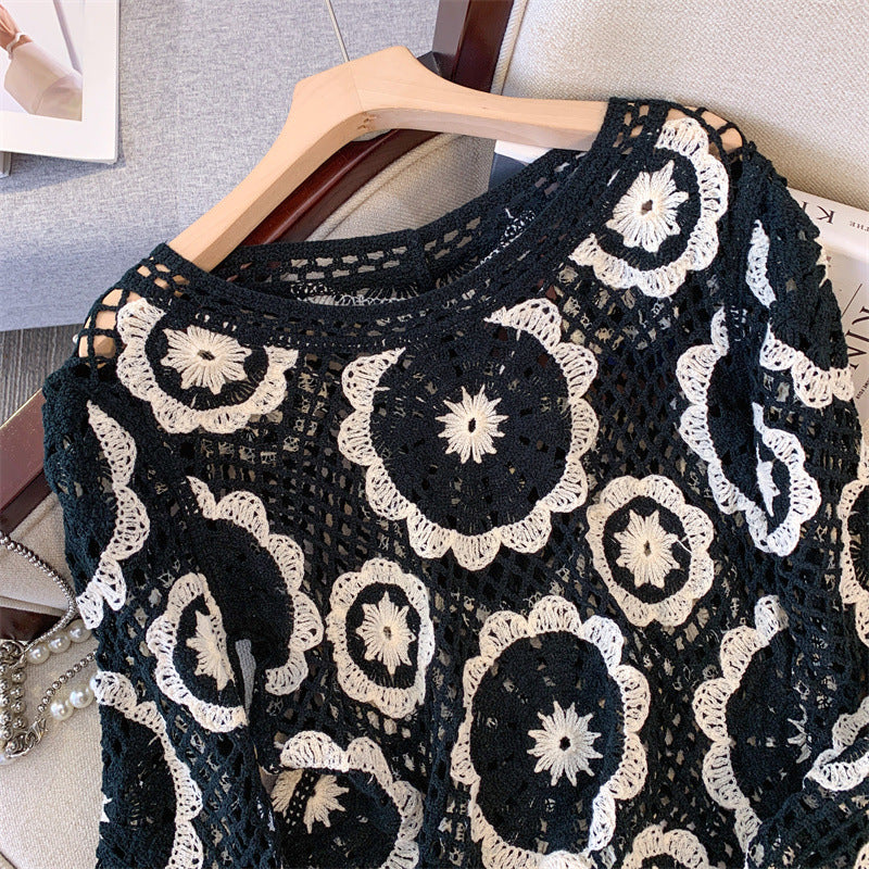 Women's Crochet Lace Yoke Sweater, Geometric Pattern Long Sleeve Pullover With Eyelet Embroidered Trim