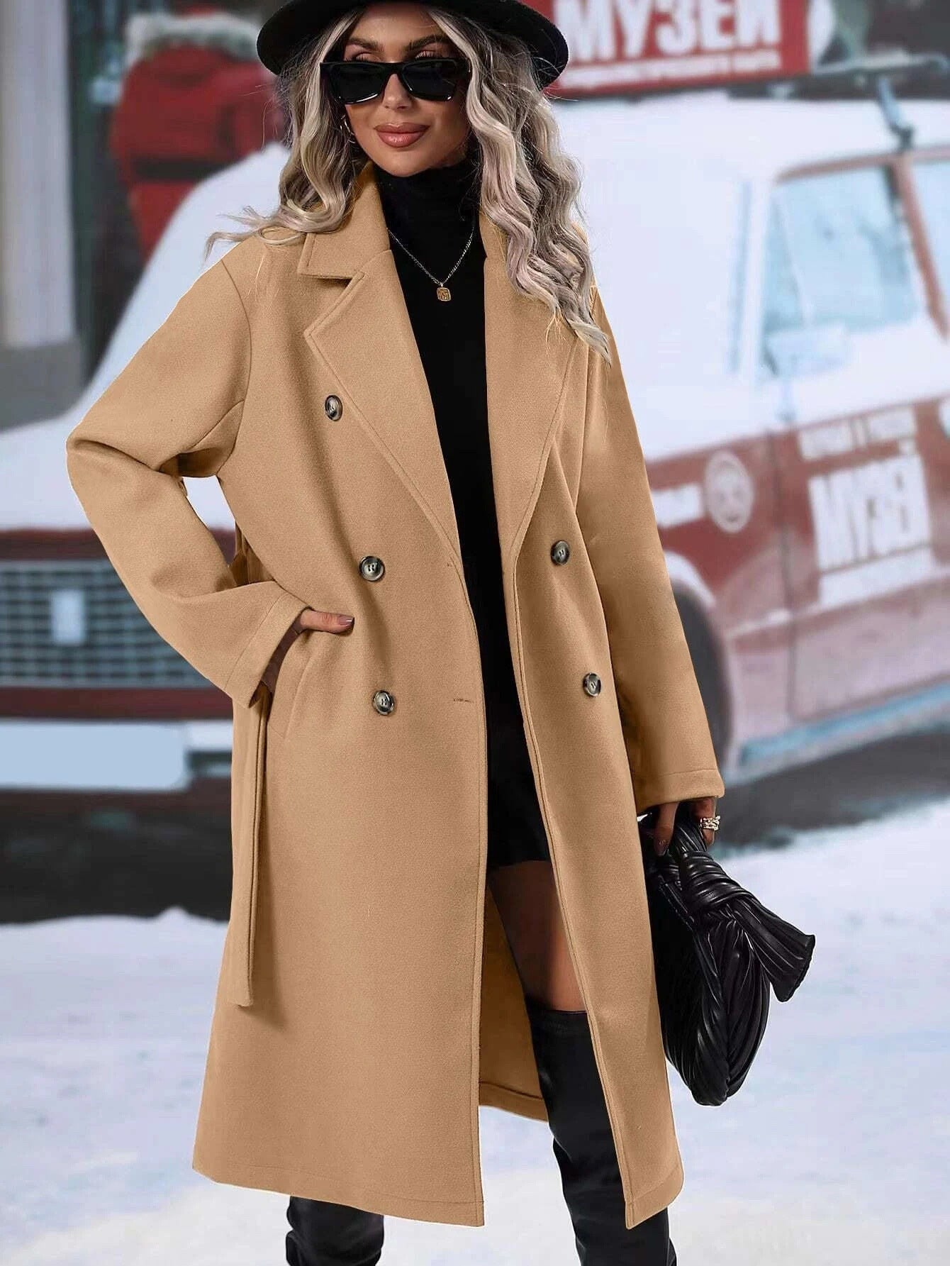 Autumn And Winter Solid Color Double Breasted Lace-up Woolen Coat