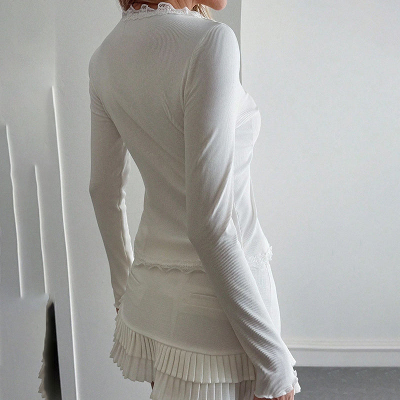 Women's Elegant Lace Trim V-Neck Blouse, Ruffle Detail Long Sleeve Button-Down Shirt For Spring Fall Wear