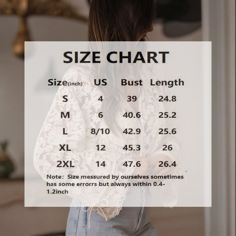 Women's Solid Color V-Neck Long Sleeve Blouse Floral Lace Embroidery Ruffled Neckline & Cuffs Drawstring Sleeves Button Front Semi-Sheer Elegant Summer Top