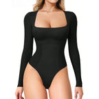 Women's Long Sleeve Square Neck Tummy Shaper Bodysuit Sexy Slimming Elegant Lingerie