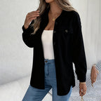 Women's Corduroy Shirt Jacket, Lapel Long Sleeve Button-Down Coat For Casual And Office Wear