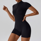 Summer Zip-Up Short Sleeve Shorts Yoga Bodysuit For Women - Dance Workout Form-Fitting One-Piece