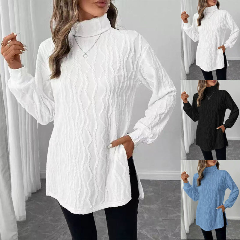 Women's Elegant Turtleneck Sweater, Solid Color Long Sleeve Knit Top With Slit Hem For Spring Fall Wear
