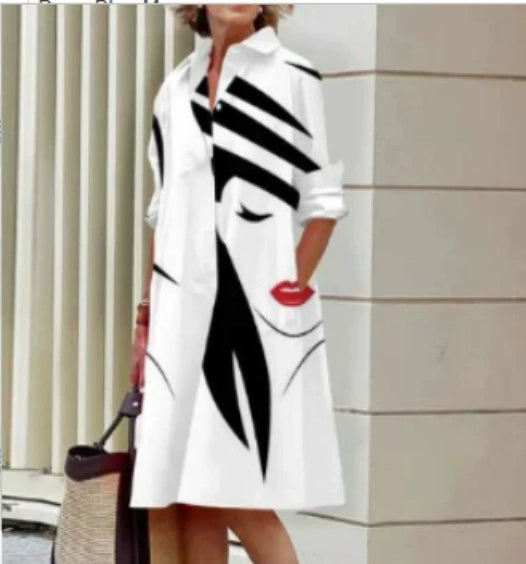 Ladies Shirt Long Sleeve Solid Color Simple Mid Length Dress