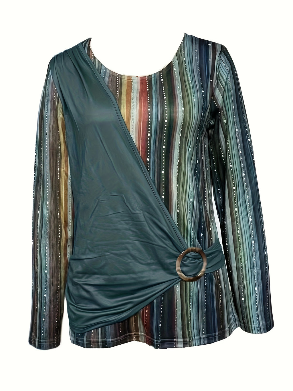 New Long Sleeve Round Neck Printed T-shirt With Circle Decoration For Spring And Autumn, Casual Top.