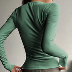 Women's Button-Front Ribbed Knit Top Round Neck Long Sleeve Fitted Sweater For Spring And Fall