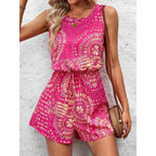 Women's Summer Casual Shorts Jumpsuit Allover Print Sleeveless Tank Top Rompers With Waist Tie