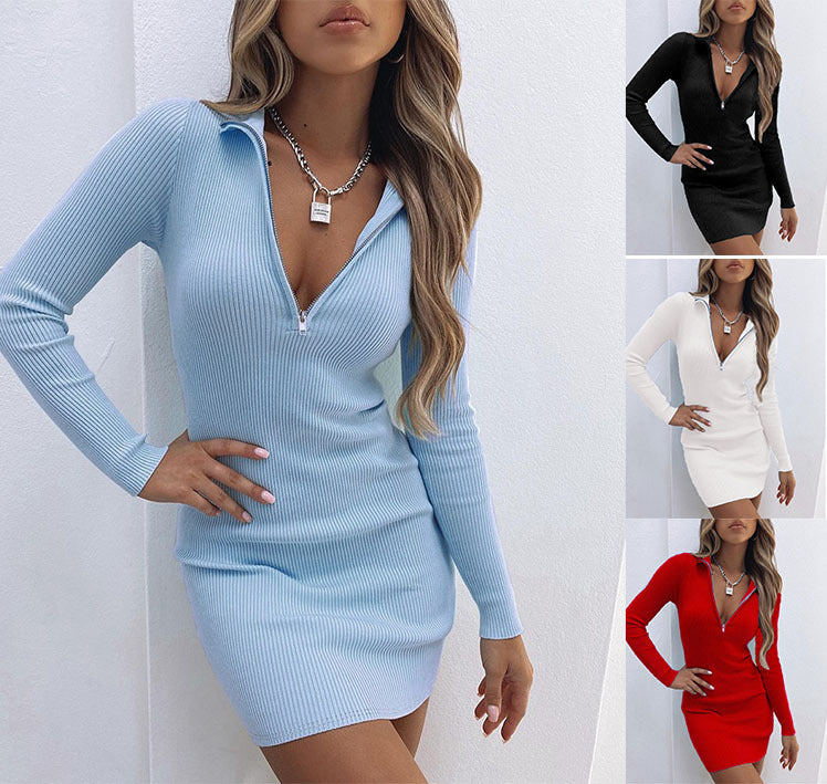 Autumn Fashion Polo Collar Zipper High Waist Long Sleeves Bottoming Dress