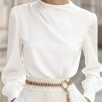 Women's Pleated Long Sleeve Blouse, Round Neck Business Casual Shirt, Dressy Fall 2025 Work Tops