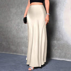 Women's Elegant Satin High Waist Flared Midi Skirt Cocktail Party Wedding Long Skirt