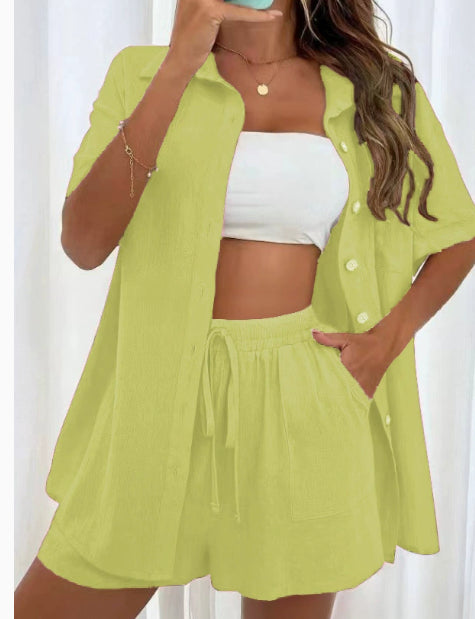 Women's Fashion Shorts Two Pieces Solid Color Shirt Suit