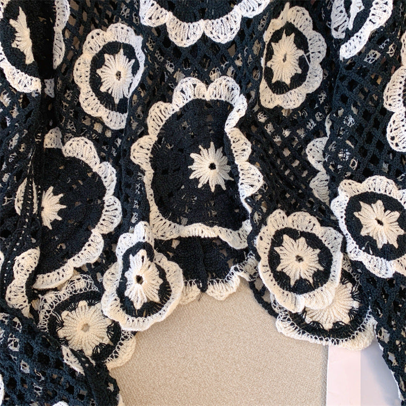 Women's Crochet Lace Yoke Sweater, Geometric Pattern Long Sleeve Pullover With Eyelet Embroidered Trim