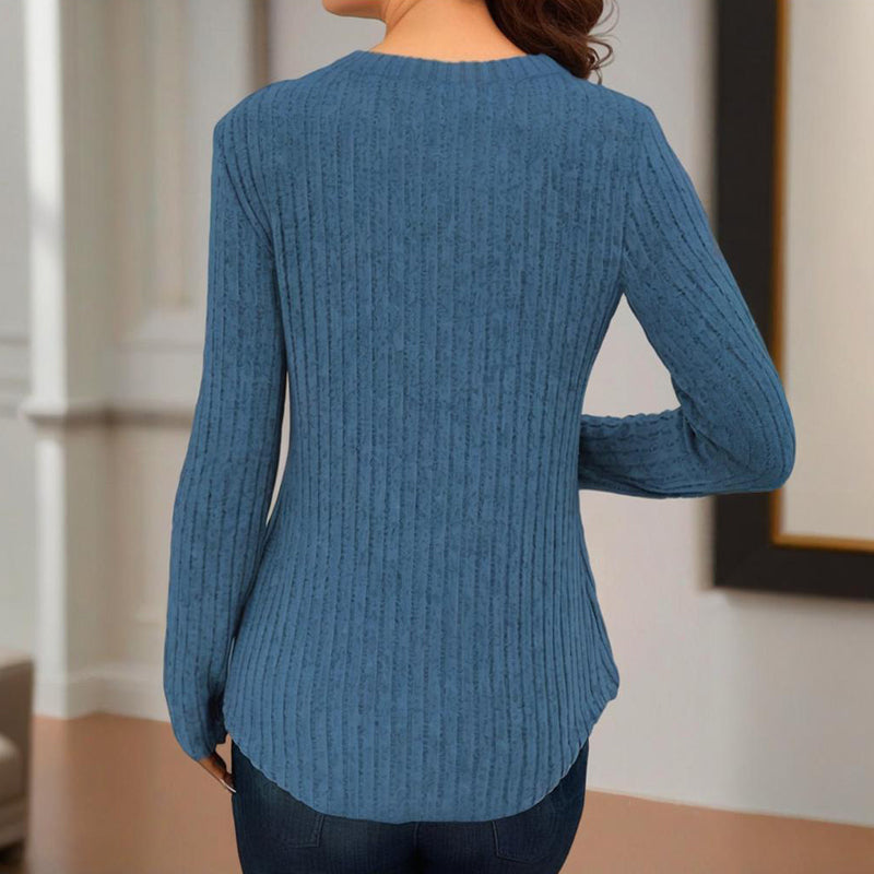 Women's Solid Color Button V-Neck Long Sleeve Knit Top - Casual Comfort Blouse For Spring&Fall