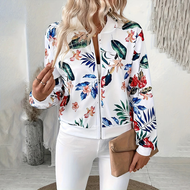 Women's Zip-Up Jacket With All-Over Botanical Print, Round Neck Long Sleeve Casual & Formal Wear For Spring&Fall