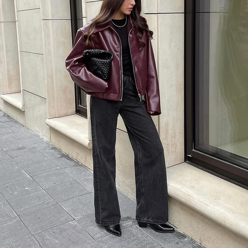 Vintage Style Women's Solid Color Faux Leather Jacket, Zip-Up Biker Jacket With Lapel Collar Casual Coat